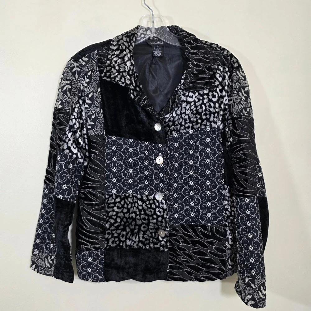 Multiples Women Jacket Patchwork Velvet Animal Print Artistic Blazer Size Small